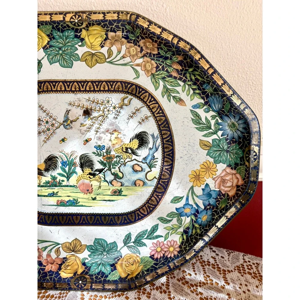 Vintage Daher Decorated‎ Ware Tin Tray Rooster Floral Octagon England Rustic 17